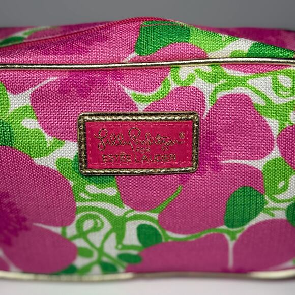 🌸 NWOT Lilly Pulitzer for Estée Lauder Cosmetic Bag Pink Floral Gold Makeup - Picture 2 of 5
